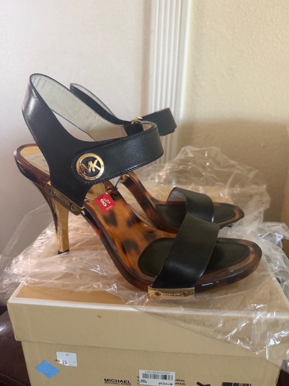 Michael Kors Black Leather & Tortoiseshell Heeled Sandals with Gold Accents used